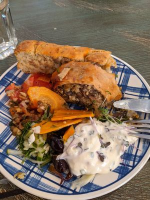 from the brunch buffet: Homemade focaccia, some sort of hearty "strudel" and cold salads - all very delicious at Keep Living in Salzburg