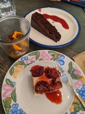 From the brunch buffet: cake and dessert (sacher torte, plum cake and a dessert with fruits and crumble) at Keep Living in Salzburg