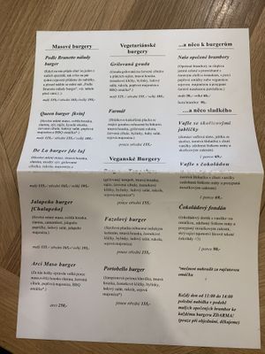 Menu at Brunette Burger in Plzen