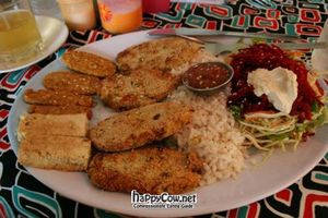 Housemade tofu, tempeh, and okara patties at Whole Bean Veganic Food in Bardez