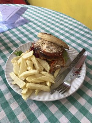 seitan with bread & chips at Whole Bean Veganic Food in Bardez