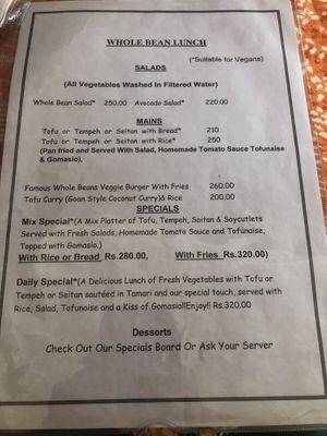 Lunch menu has vegan-friendly options at Whole Bean Veganic Food in Bardez