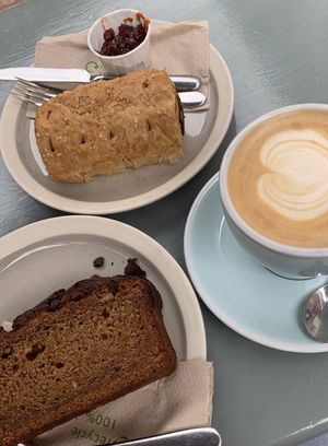 Vegan sausage roll, banana bread and oat milk latte  at Steam Yard in Sheffield
