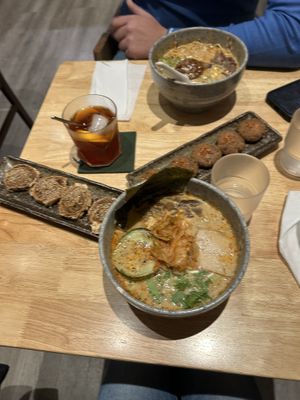 Spicy miso and sichuan flavored oat milk base soups, asparagus bean skin roll and mini tofu burgers  at Mukuchi 無口小廚 - WúKǒu Xiǎo Chú in Taipei