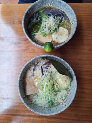 Oat milk broth white miso ramen and Sugarcane tomato broth pomelo pepper ramem at Mukuchi 無口小廚 - WúKǒu Xiǎo Chú in Taipei