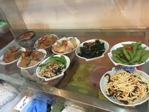 Side dishes display case at YuánTián Shū Shí 原田蔬食 in Taichung