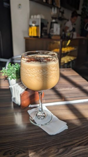 Blended coffee with plant milk at Cafe Central Traveler's Coffee in Cartagena
