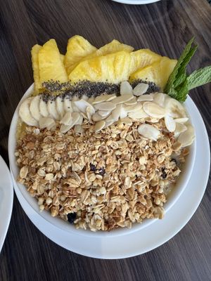Yellow bowl
Pineapple, mango and banana smoothie bowl, garnished with granola, chia and seasonal fruits.  at Cafe Central Traveler's Coffee in Cartagena