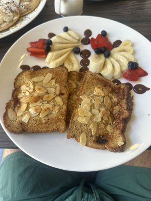 French toast
Oat bread, strawberries, blueberries, sliced almonds, banana, vanilla ice cream and syrup.  at Cafe Central Traveler's Coffee in Cartagena