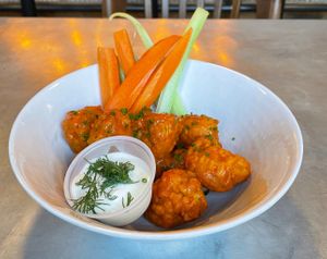Buffalo Cauliflower:

carrots, celery, ranch (regular/vegan)  at Chestnut Hill Brewing Company in Philadelphia