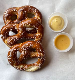 Soft Pretzel Trio:

Bavarian pretzels, mustard,  jalapeño vegan beer sauce at Chestnut Hill Brewing Company in Philadelphia