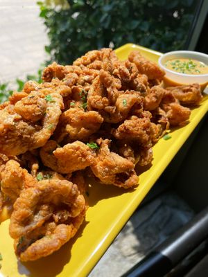 Southern Fried Oyster Mushrooms:
local organic mushrooms,  Taproom mustard at Chestnut Hill Brewing Company in Philadelphia