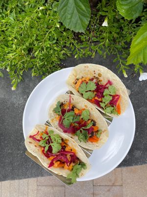 Veggie Street Taco:

flour tortillas, carrot sofrito, black bean salad, pickled cabbage,  avocado, chipotle crema at Chestnut Hill Brewing Company in Philadelphia