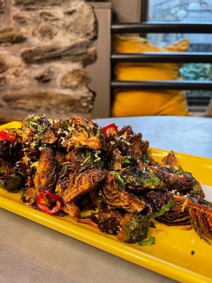 Crispy Brussels: Fresno chiles + fried shallots + agave + Sesame seeds + basil + mint at Chestnut Hill Brewing Company in Philadelphia