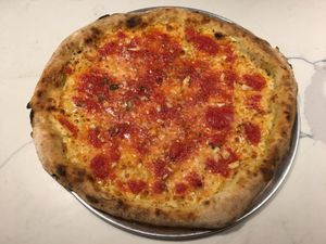 Trenton Napoli: “Upside Down Pizza” – shredded  vegan mozzarella, organic tomato sauce, oregano, fresh garlic.  You can request all of our pizzas to be vegan! at Chestnut Hill Brewing Company in Philadelphia