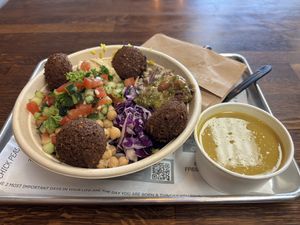 Vegan & GF Falafel Bowl. Build your own. Served with side of lentil soup    at Sajj Mediterranean - Coleman Ave in San Jose