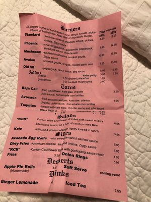 Menu 11/2020 at Ziggy's in San Luis Obispo