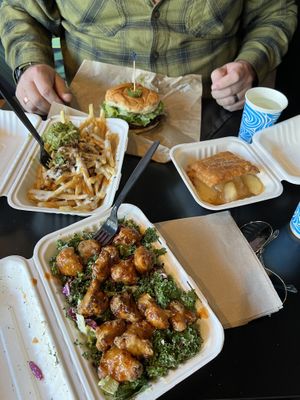 Kck salad, Rachet fries, Phoenix burger, apple pie square at Ziggy's in San Luis Obispo