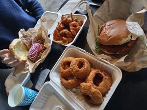 The Mushroom with Ziggy Patty, KCB, Chicken Sandwich, and Onion Rings at Ziggy's in San Luis Obispo