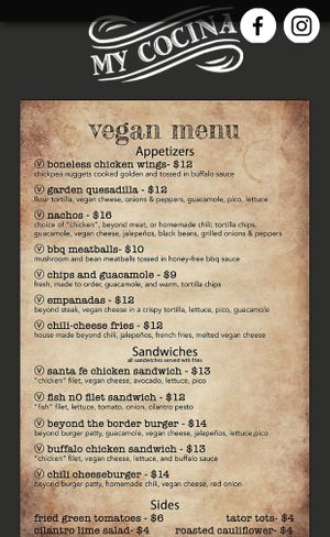 Extensive vegan menu page 1 at My Cocina Grill in Streamwood