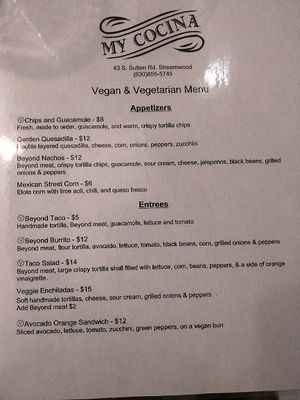 Vegan/ Veg Menu at My Cocina Grill in Streamwood
