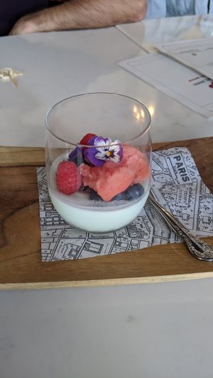 Coconut pandan panacotta with watermelon sorbet at Madame Hanoi in Adelaide