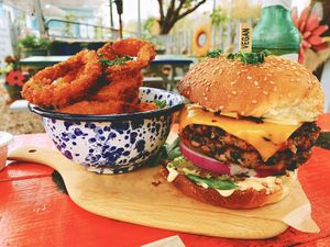King Kong burger with Onion Rings at Oh My Soul in Charlotte
