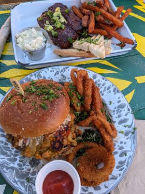 Waka Waka Burger and Onion Rings 

V ribs with sweet potato fries  at Oh My Soul in Charlotte