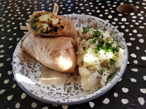 Shosholaka wrap with potato salad at Oh My Soul in Charlotte