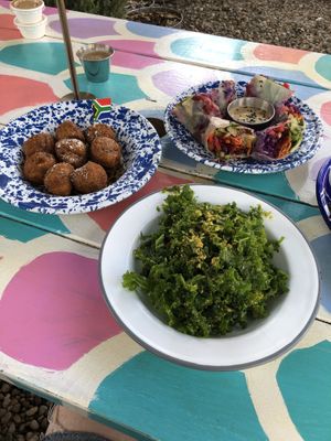Kale salad, pumpkin fritters, rainbow roll at Oh My Soul in Charlotte