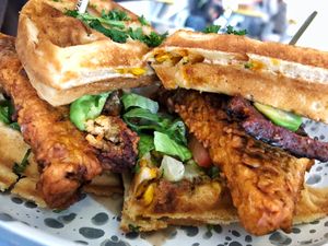 Chicken and waffles. Wow! at Oh My Soul in Charlotte