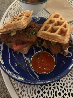 Chicken & waffle sandwich. Best breading on the chicken I've ever tasted!!   at Oh My Soul in Charlotte