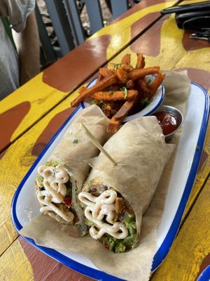 Grilled Vicken & Friendly Bacon Ranch Wrap and sweet potato fries   at Oh My Soul in Charlotte