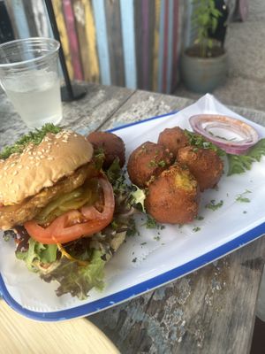 Burger and hush puppies   at Oh My Soul in Charlotte