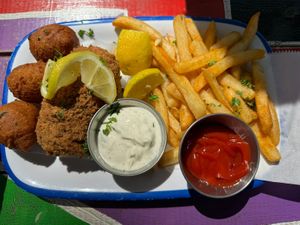 Vish and chips with hush puppies   at Oh My Soul in Charlotte