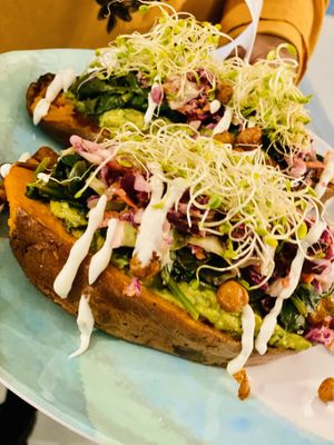 Fully loaded sweet potatoes  at Oh My Soul in Charlotte