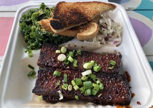Half rack (4) of Vegan Ribs (Vibs), kale salad, cole slaw and toast. Delicious! at Oh My Soul in Charlotte