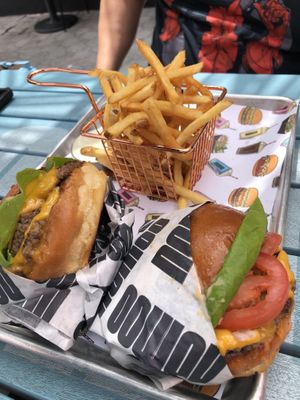 Double & Single with fries at Nomoo in Los Angeles