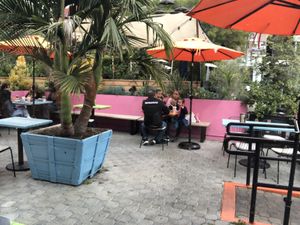 Outdoor patio seating  at Nomoo in Los Angeles
