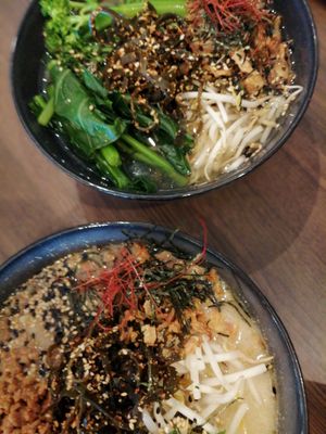 Mean green broth & Tonkotsu broth (bottom) at i like ramen in Mermaid Beach