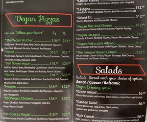 The vegan items are in green at Pizza USA in Bellflower