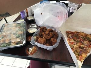 Vceasar salad, buffalo cauliflower, heaven pizza   at Pizza USA in Bellflower