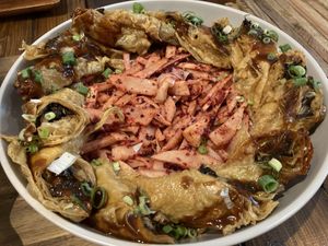 Zhejiang Province dish: dry-fried jingling bells (i.e., fried tofu skin and sweet flour sauce) and red yeast crispy bamboo shoots at Dish of Tomorrow 明日餐桌 - MíngRì CānZhuō in Taichung
