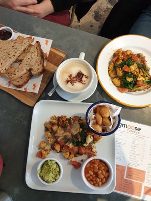 Plain toast and jam, tofu on toast and my English breakfast made from extra ingredients  at bigmoose coffee co in Cardiff