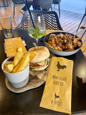 “Amazing vegan burger” & “Devil’s soy” loaded fries 😋  at Pisek Bar in Celje