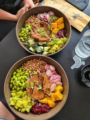 Rice salad and seitan bowl. Amazing sauces. at Pisek Bar in Celje