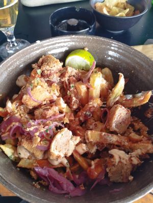 Fries with fried soy burger and sauces at Pisek Bar in Celje