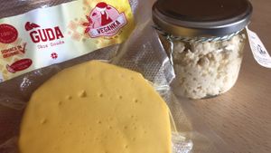 “gouda” cheese and curd cheese at Veganka in Ljubljana