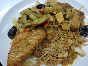 Bee hoon with hashbrown, bittergourd, tau pok at Divine Vegetarian Family 添欣素食園 in Northeast Singapore
