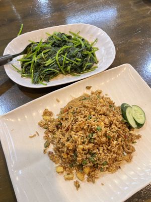 Sweet potato leaves with sambal belacan, Thai style fried rice   at TaraVege in Petaling Jaya